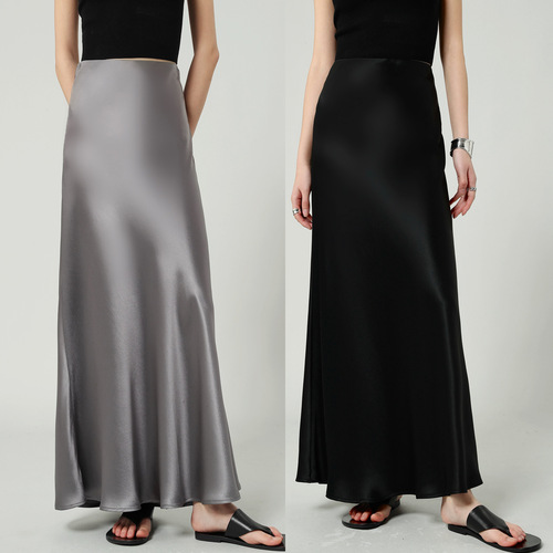 Acetic acid satin silhouette soft drooping beef tendon high waist long skirt for women 2025 summer new flowing long skirt
