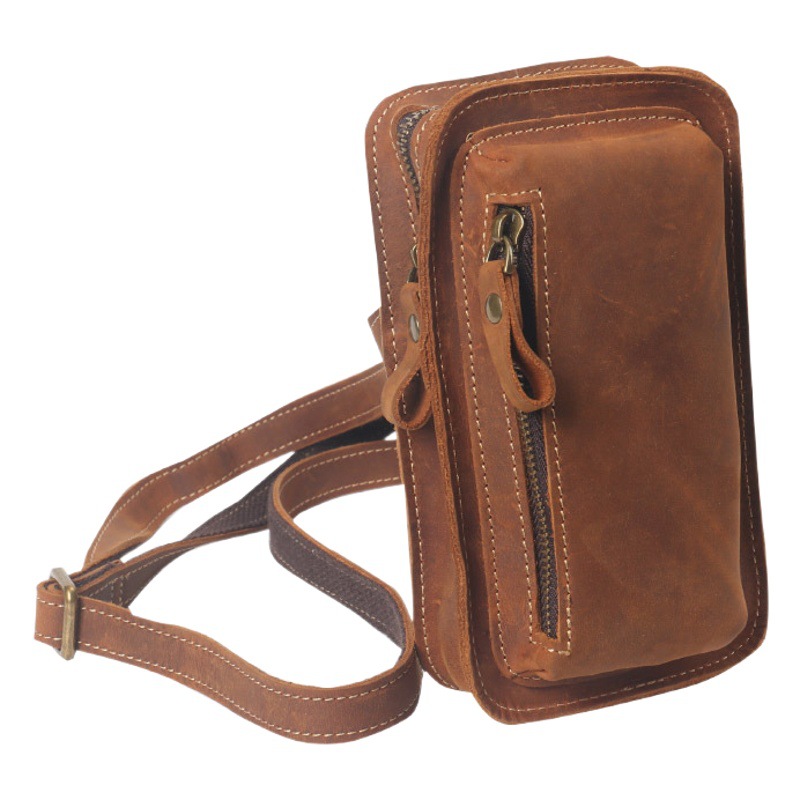 New Genuine Leather Waist Bag Men's Multifunctional Crazy Horse Leather Mobile Phone Bag Vertical Wear Belt Mobile Phone Bag Outdoor Small Crossbody