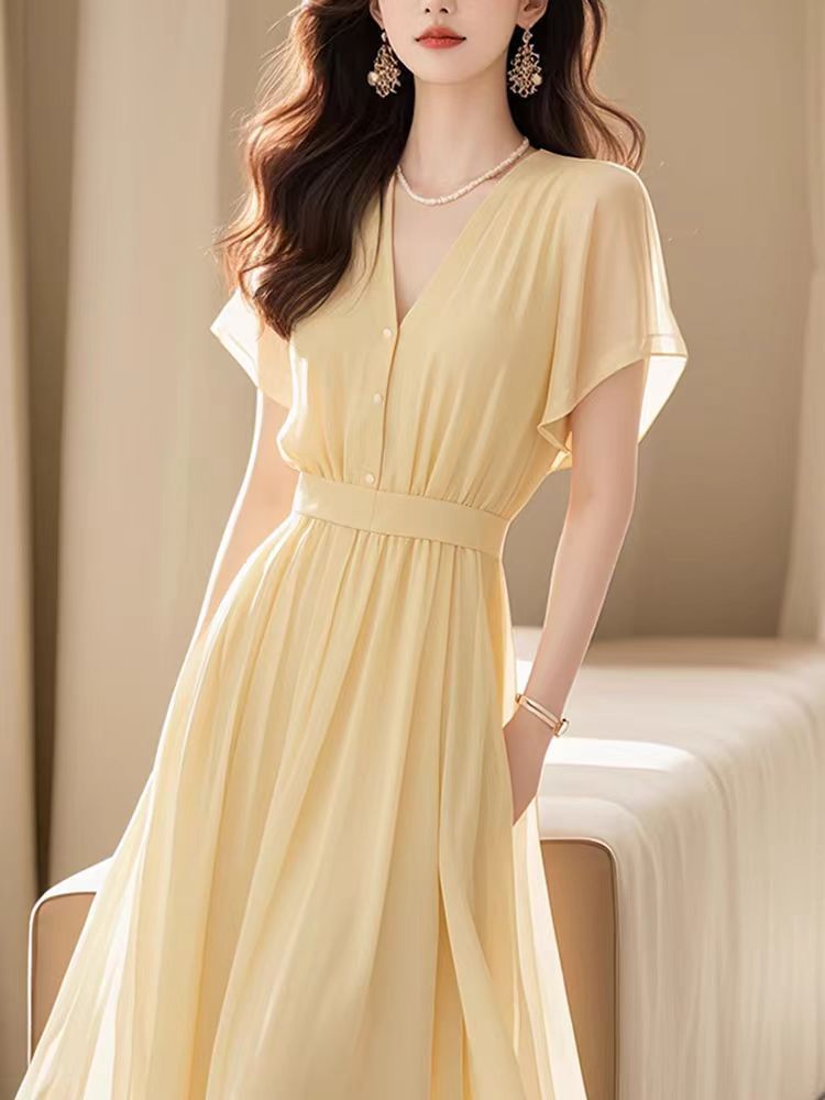 Đầm maxi nữ thắt eo chất liệu voan vàng nhạt phong cách Pháp — Vàng nhạt