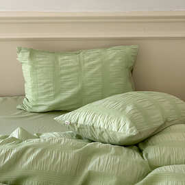 444Z批发ins法式皱皱纱~四件套纯棉全棉绿色床单被套公主风轻奢感