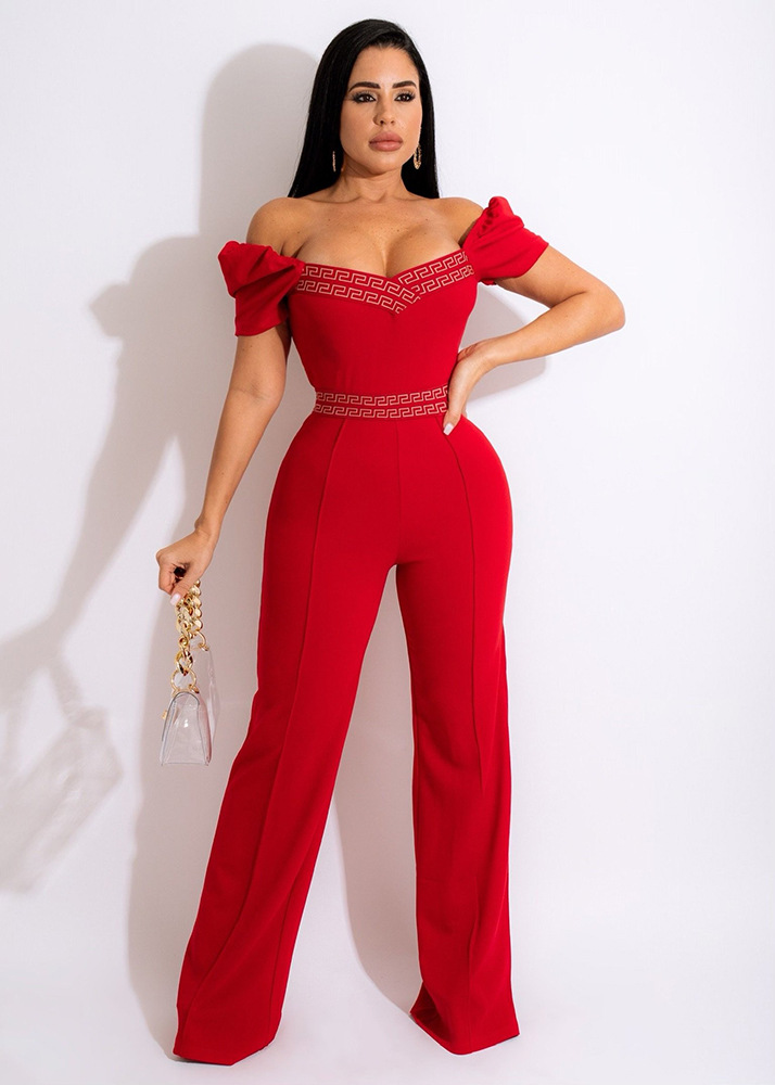 print solid color one-word shoulder puff sleeve wide-leg jumpsuit NSHOM129604