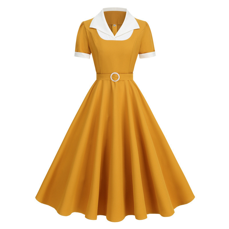 25 Autumn Cross-Border 1950S Hepburn Style Simple and Elegant Color-Block Lapel Commuter Fake Two-Piece Flared Dress