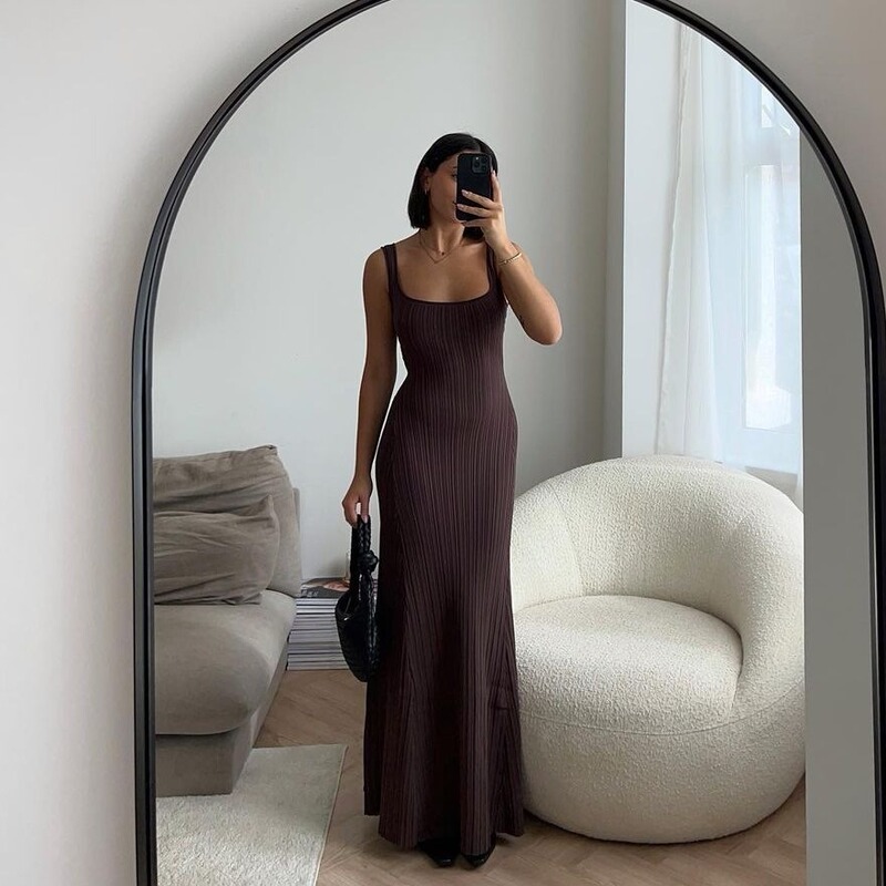 2024 Vest U-collar European and American Style Beach Vacation Sexy Long Dress Knitted Pit Strip Long Dress Summer Women