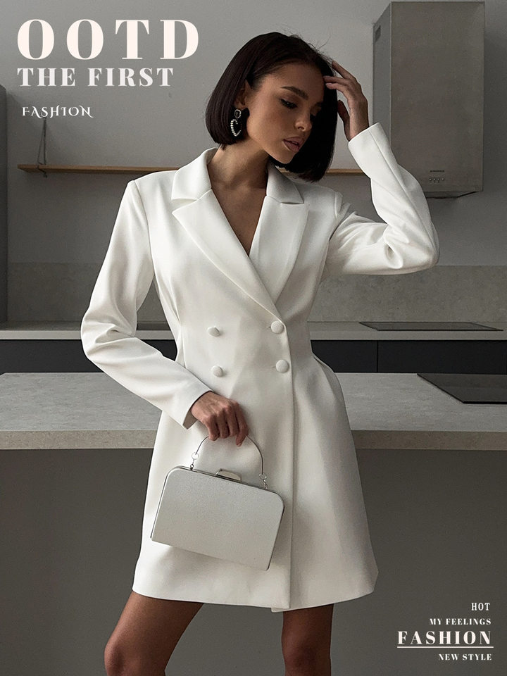 Đầm blazer nữ dáng chữ A cổ chữ V dài tay thắt eo cạp cao — Màu trắng, Màu đen chi tiết 1