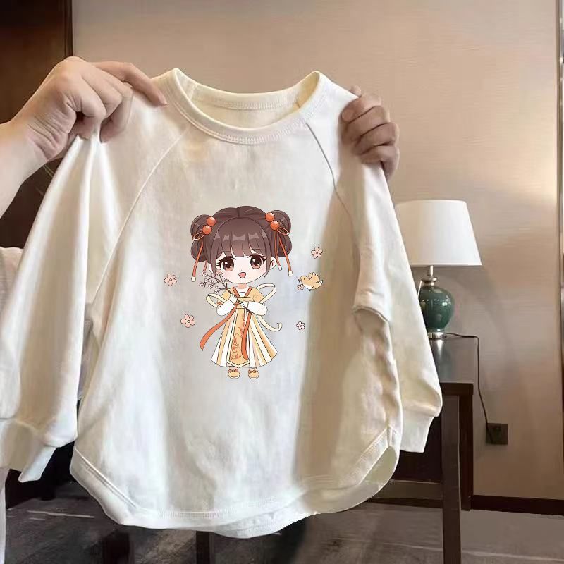 100% Cotton Girls' Loose Long-Sleeved T-Shirt, New Autumn Style, Cartoon Design, Pullover Top, Base Layer for Medium and Large Children