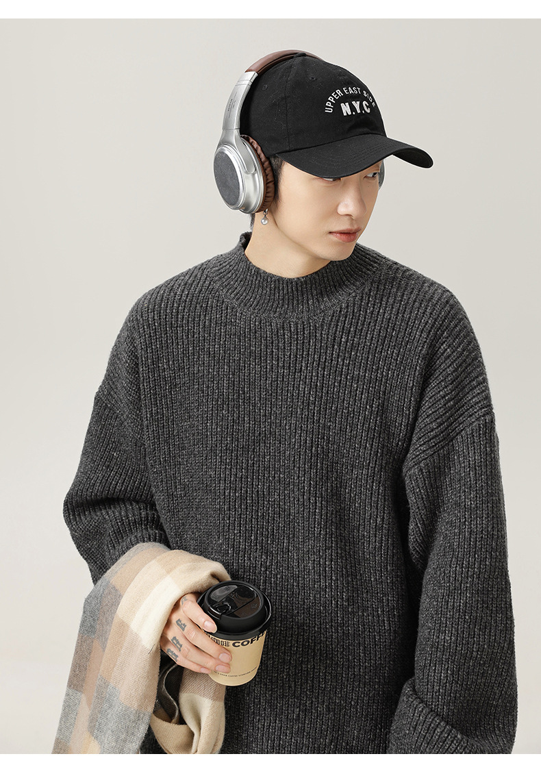 Men’s Vintage Thick Knit Half Turtleneck Sweater Texture Jacquard_voghion.com