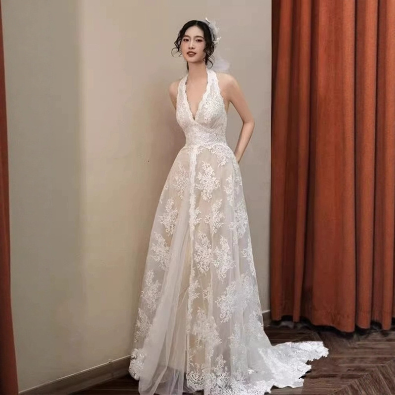 新娘婚礼晨袍晚宴生日聚会森系仙气韩式蕾丝轻婚纱高级感挂脖礼服|undefined