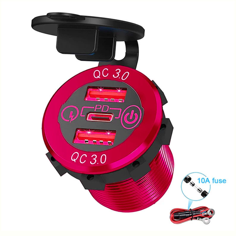 Adecuado para automóvil, automóvil, motocicleta, barco, cargador de automóvil modificado, enchufe USB, interfaz QC3.0 PD a prueba de agua