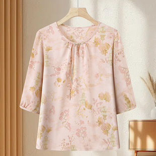 Mom's Summer Clothes 2025 New Style Shirts for Middle-Aged and Elderly Women's Chinese Style Printed Large Size Belly-Covering Mid-Sleeve Shirts