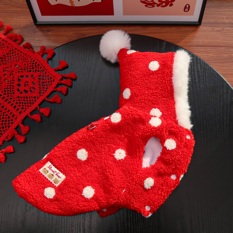 Año Nuevo gato sin pelo de doble capa engrosada mascota perro gato otoño invierno ropa comercio exterior puntos rojos con chaqueta