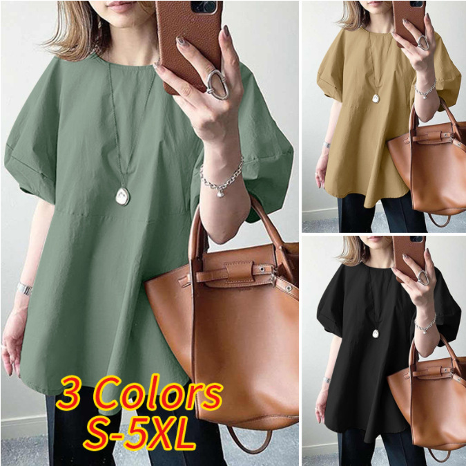 Solid color T-shirt for women 2023 Summer new AliExpress Amazon elegant commuter round neck loose puff sleeve shirt
