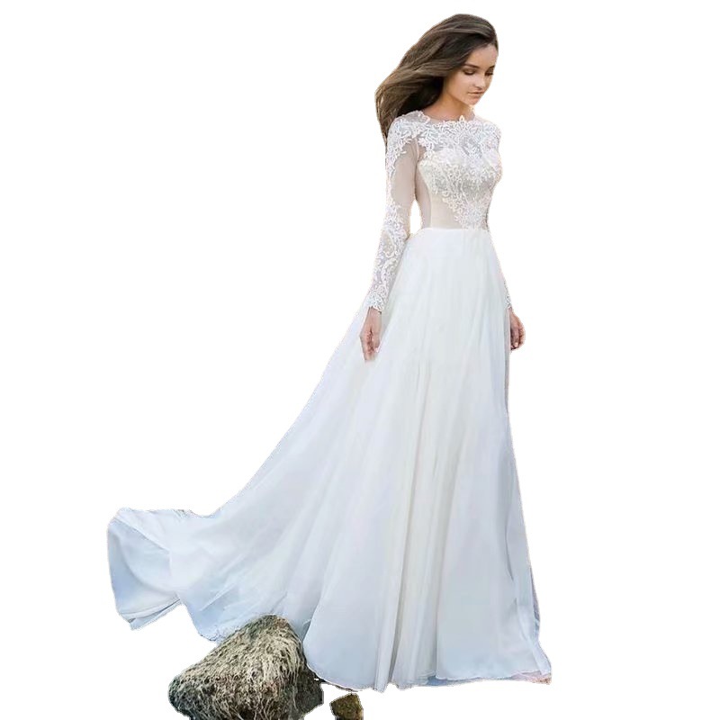 Vestido de Novia Elegante de Estilo Europeo y Americano para Comercio Exterior en Amazon y AliExpress, Cuello Redondo, Encaje, Largo, Entallado, Sencillo, de Gasa image 5
