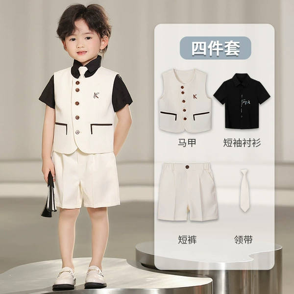 Beige shirt, set, vest, shorts, tie