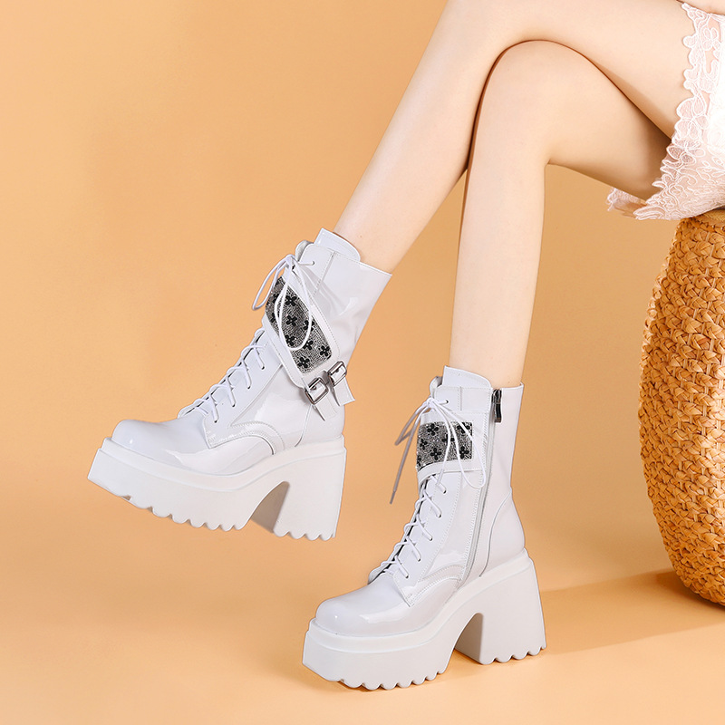 Boot nữ cổ ngắn phong cách Anh quốc, gót vuông 10cm, đế platform, khóa kéo bên hông — Lót nhung đen