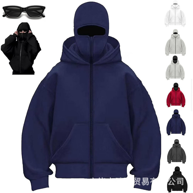 Cross-Border Autumn and Winter New Trendy Solid Color Fleece-Lined Zip-Up Double Hood Sweatshirt Couple Style Fashion Harajuku Casual Wear