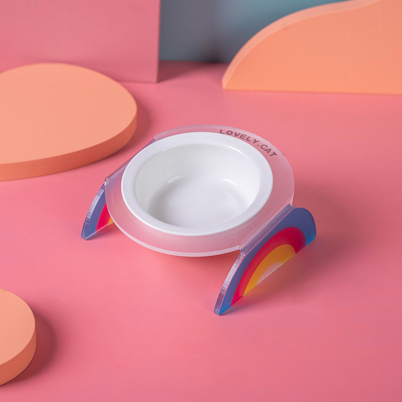 Arco iris acrílico marco de cerámica tazón doble tazón único tazón para mascotas perros y gatos tazón de alimentos tazón de agua de alimentación de agua en el hogar
