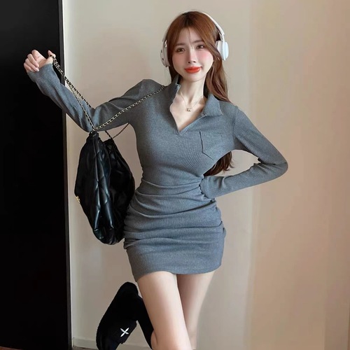 Autumn/Winter Polo Collar Slim Knit Long Sleeve Sexy A-Line Pleated Dress for Women Petite and Elegant
