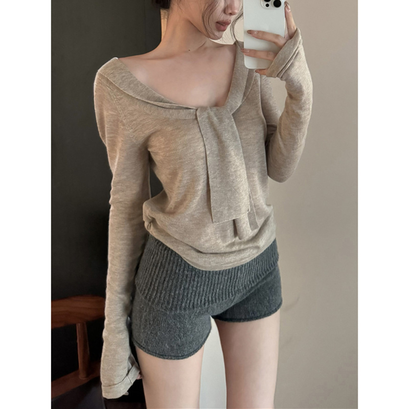 Pure Lust Style Knotted Lace-Up Long-Sleeved Knitwear 2025 Autumn and Winter New American Retro Short Off-Shoulder Top for Outer Wear