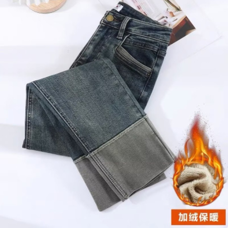 冬季新款水泥灰直筒牛仔裤女生加绒加厚裤子小个子带绒保暖九分裤