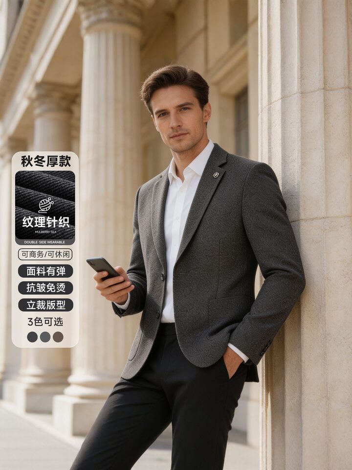 Áo vest nam dáng ôm chất liệu dệt kim chống nhăn, tay dài cổ vest một hàng hai cúc — Màu nâu cà phê, Xám nhạt, Xám đậm