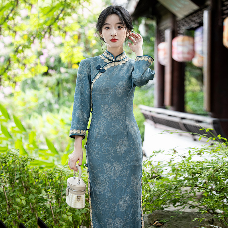 新式長款改良旗袍2025新款年輕款少女國風復古修身長袖春秋