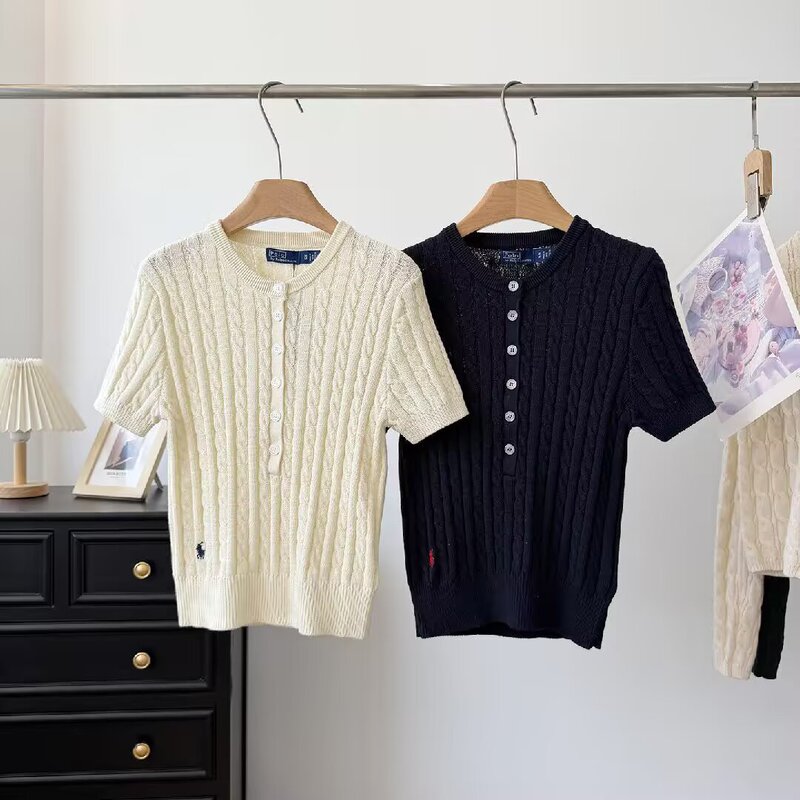 MYST&ZA American retro old money style round neck cable knit half-button slim-fit short-sleeve knit top