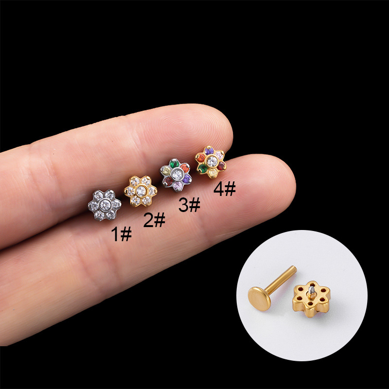 Fashion Flower Stainless Steel Plating Inlay Zircon lip stud 1 Piece