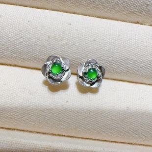 Guatemala natural jade sun green camellia earrings S925 sterling silver inlaid commuter versatile small earrings