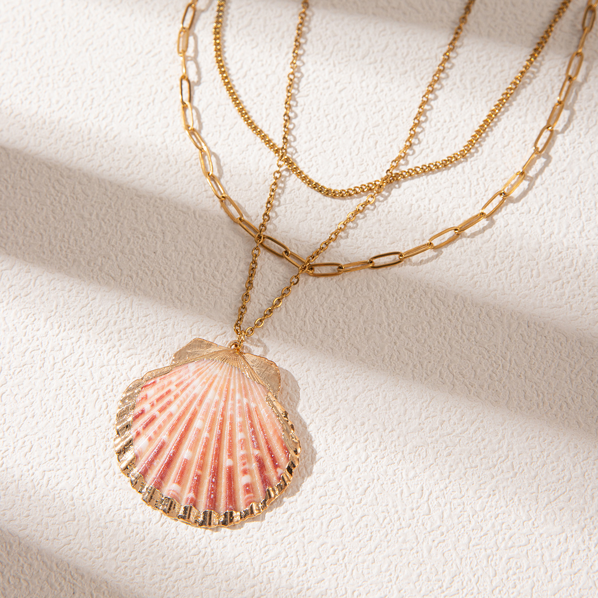 All Seasons Season Women's Gender Wholesale Jewelry Marine Style Conch Shell Fish 304 Stainless Steel 18K Gold Plated Plating Paperclip Chain Cable Chain Layered Necklaces Multi Charms Necklace