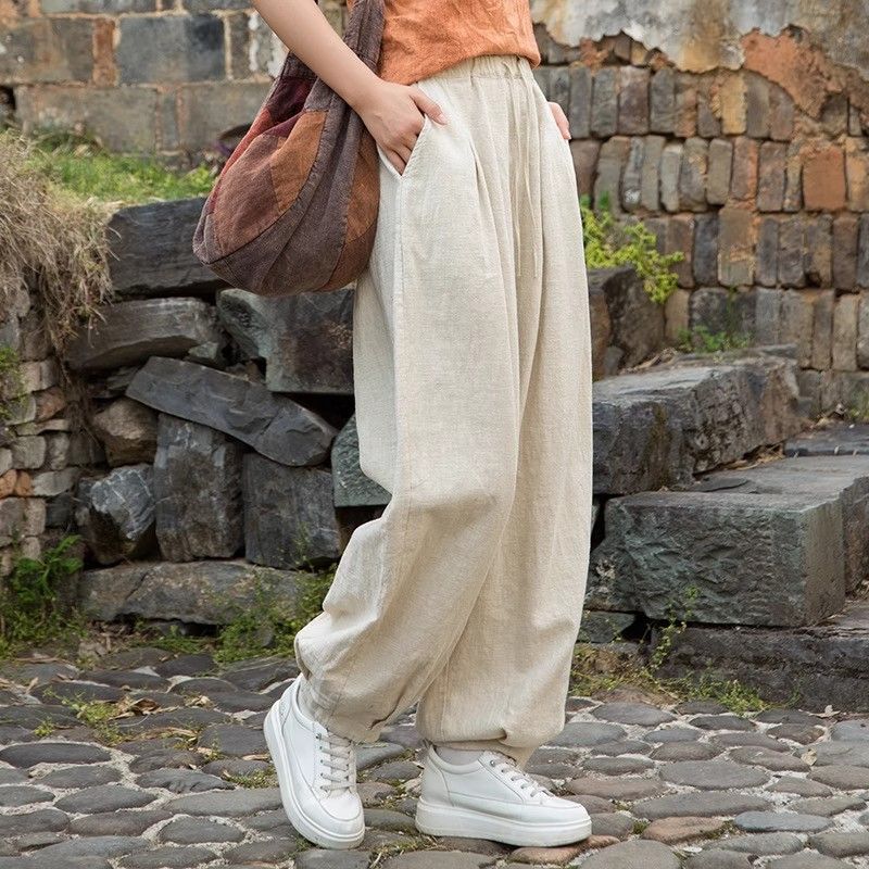 ソリッドカラーのシンプルなスタイルの綿とリネンのパンツ女性のための 2025 夏の新しい綿とリネンのパンツカジュアルルーズ多用途カフスパンツ女性のための|undefined