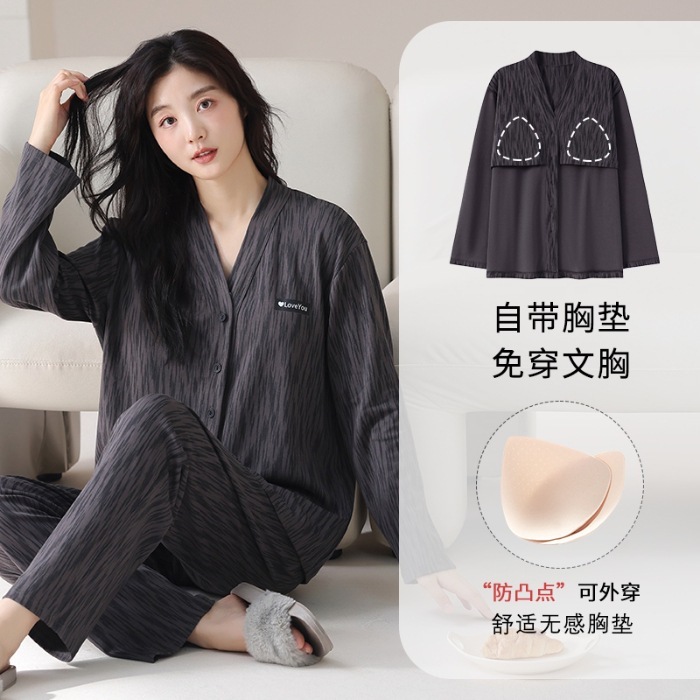 实体批发【26支棉质】梵沛诗# 带胸垫 睡衣女 春季开衫款家居服 M|undefined