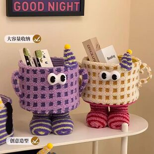 Cartoon plush monster, woven storage basket, table storage system