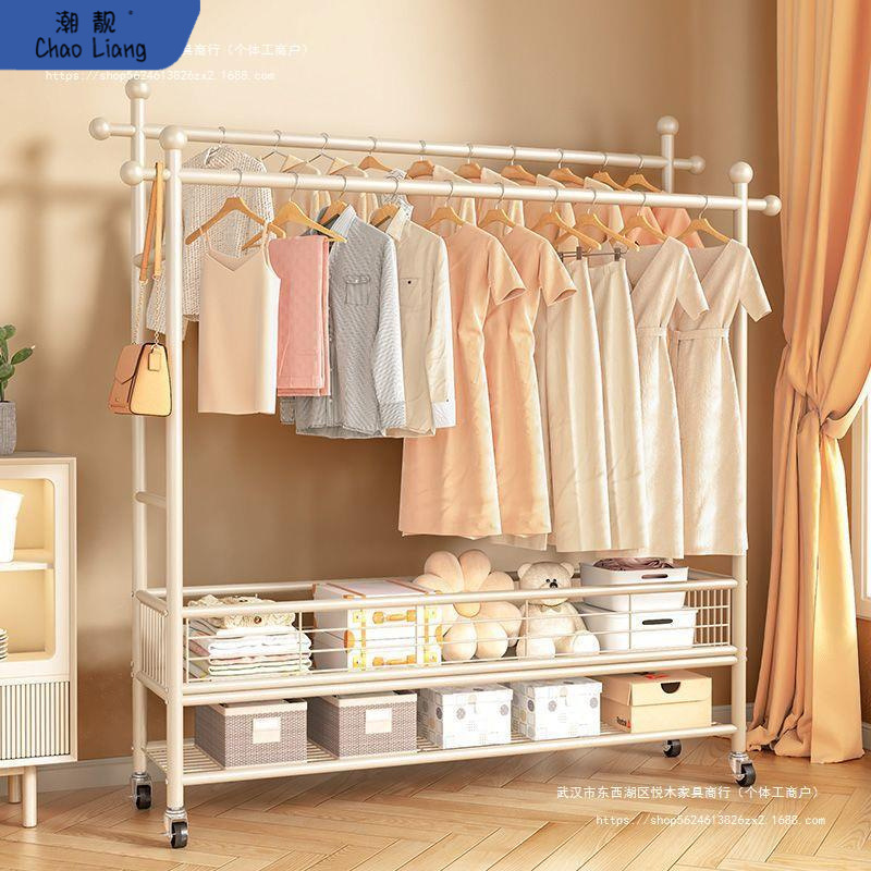 Dormitory Balcony Clothes Rack Mobile Large Capacity Clothes Rack Floor Drying Rack Household Bedroom Double Pole Hanger
