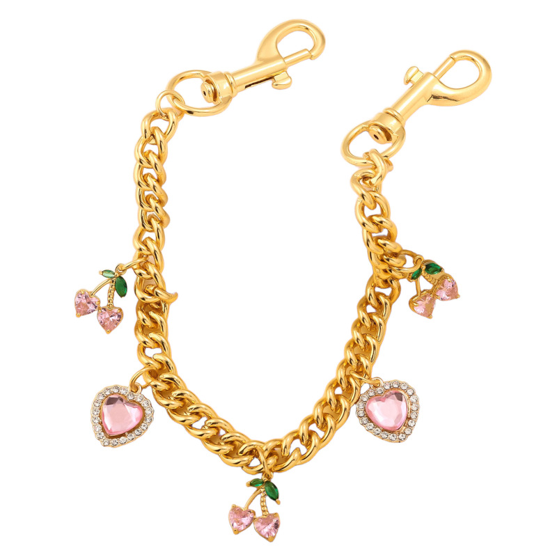 Pink Crystal Heart Cherry Keychain Bag Pendant Cherry Hanging Chain Bag Decoration Gold Bag Chain Car Pendant