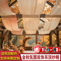 新中式金秋透明纱幔天幕布民宿酒店茶室氛围感背景布吊顶装饰布幔