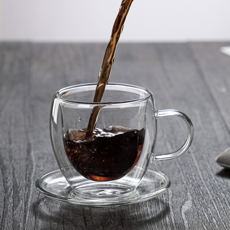 高硼硅雙層玻璃水杯帶把手咖啡杯雙層隔熱玻璃杯帶碟咖啡杯套裝