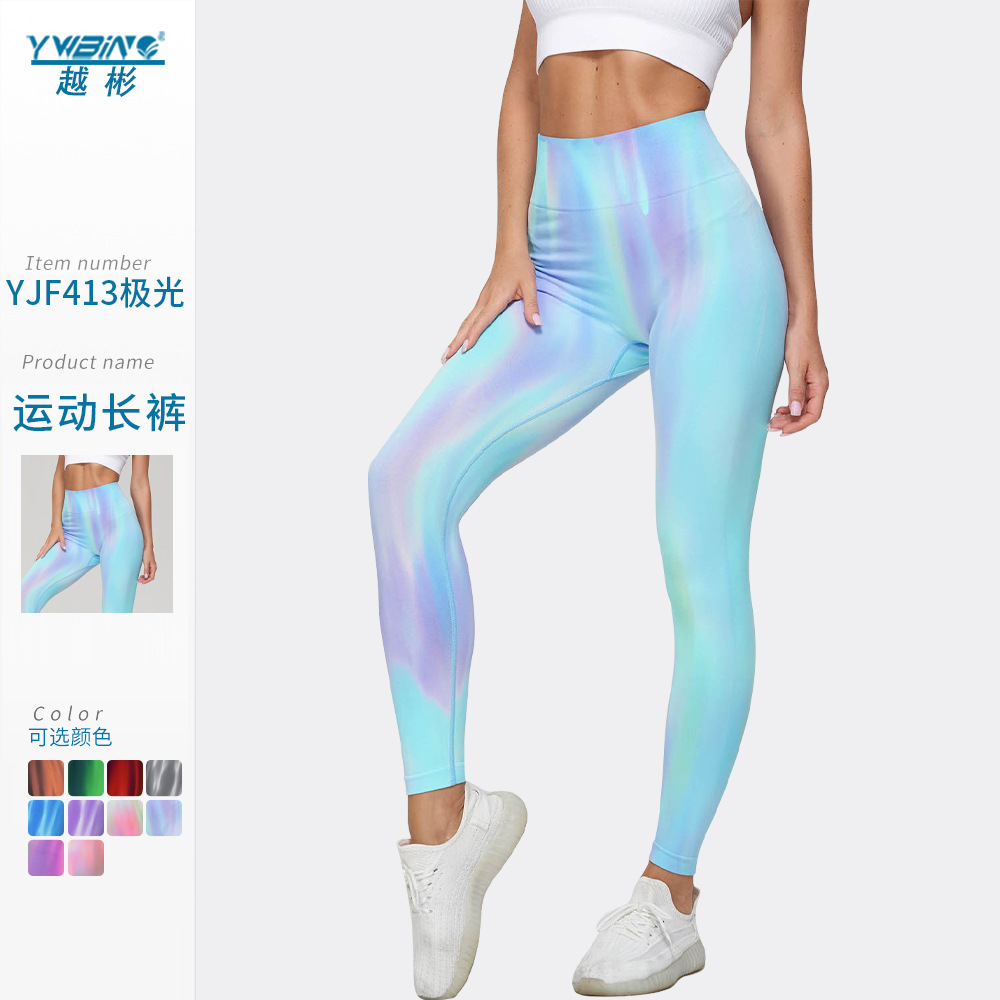 Nueva cintura alta fitness deportes yoga pantalones desgaste exterior cadera levantamiento polainas corbata teñida Aurora corriendo cadera levantamiento pantalones transpirables