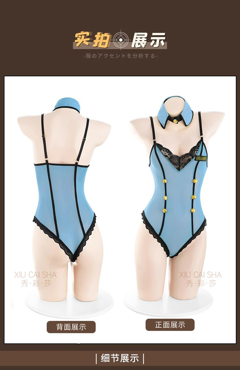 Crotchless See-Through Policewoman Costume Jumpsuit with Hat, One Size, Black Polyester — detail image 17