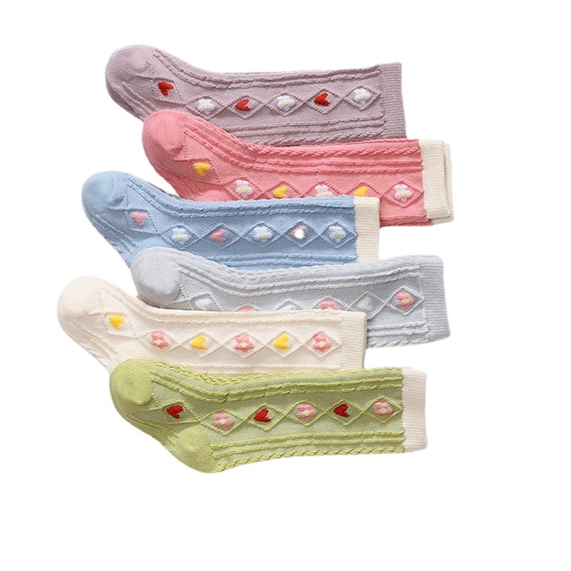 22 primavera y verano doble aguja estilo coreano rayas oscuras rayas verticales sobre la rodilla Calcetines niños infantiles Bebé calcetines largos pequeña flor media pantorrilla Calcetines