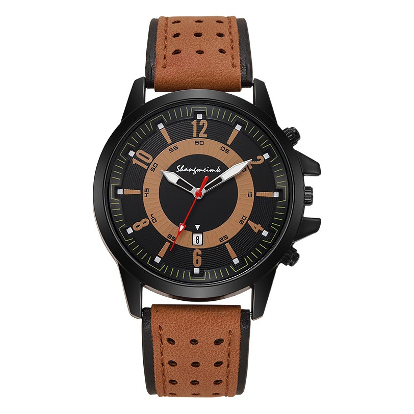 Reloj deportivo Shangmei AliExpress para hombre, reloj militar con correa de cuero de moda de cuarzo, reloj de pulsera con calendario para estudiantes