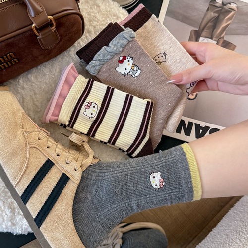 Japanese cute cartoon double bubble mouth cat embroidery socks for girls, contrasting striped polka dot crew socks, bumpy socks