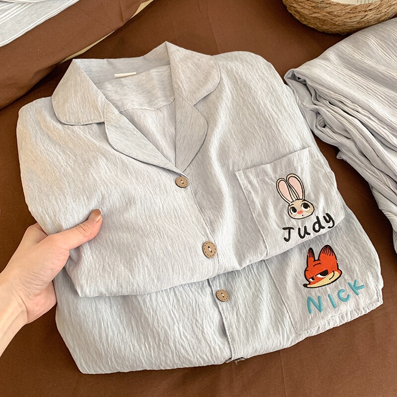 Cartoon Crazy Zoo Cloud Cotton Pajamas for Men and Women Summer Short-Sleeved Long Pants Thin Couple Home Clothes Three-Piece Set