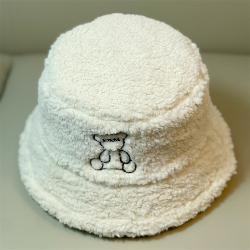 Cute Lamb Velvet Letter Little Bear Embroidered Fisherman Hat Women's Autumn and Winter Temperament Versatile Trendy Warm Pot Hat_voghion.com