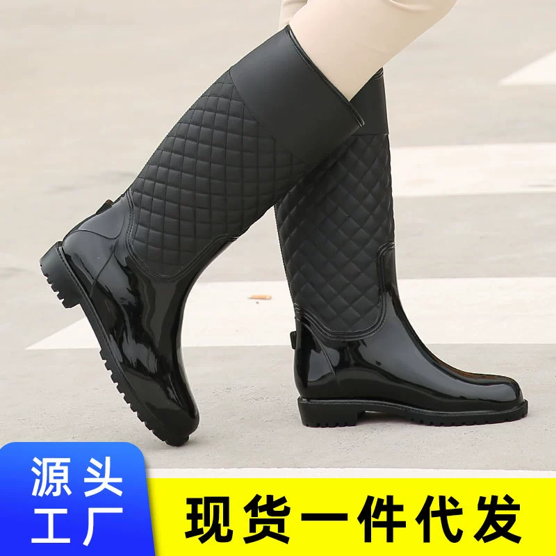 Оптовая Продажа с фабрики женские высокие водяные туфли в клетку с бриллиантами, модная теплая подкладка, Повседневная нескользящая обувь от дождя с мягкой подкладкой