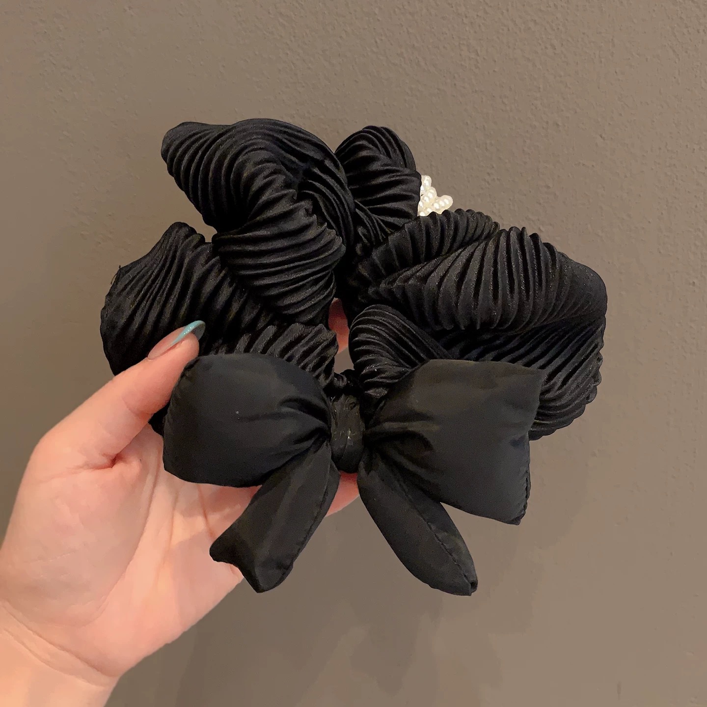 11# black padded bowknot ruched pearl hair tie - approximately 16cm
