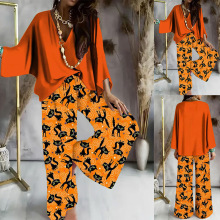 2025欧美TEMU跨境wish外贸女装秋冬新款万圣节圣诞夜印花两件套装