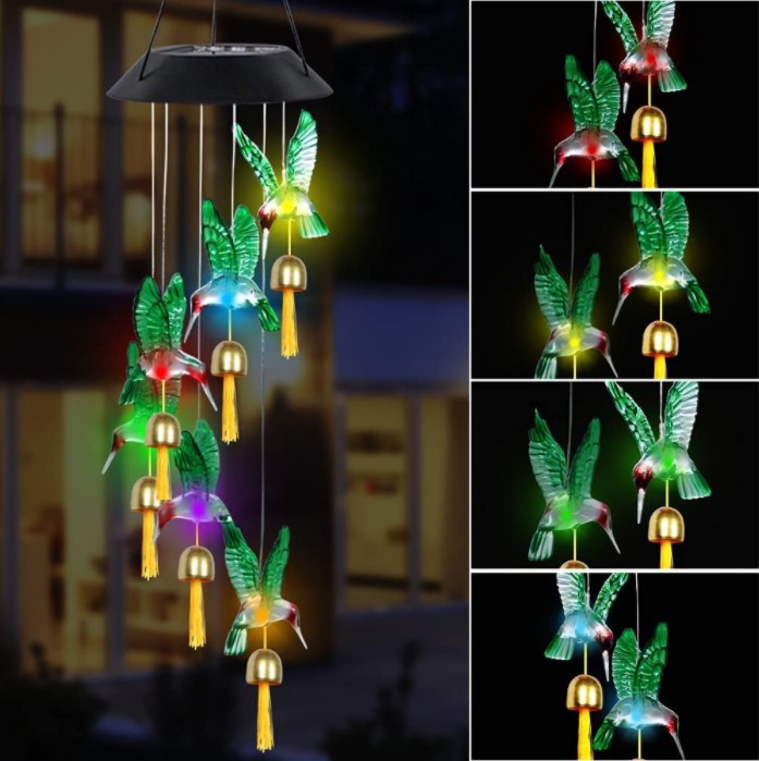 New Solar Wind Chimes Colorful Green Hummingbird Wind Chimes Butterfly Waterproof Outdoor Decorative Lights Holiday Atmosphere Lights