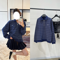 2025早秋藏蓝条纹刺绣字母半拉链polo卫衣宽松显瘦减龄百搭上衣女