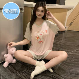 带胸垫睡衣女夏季纯棉短袖短裤带胸垫通猫咪薄家居服套装
