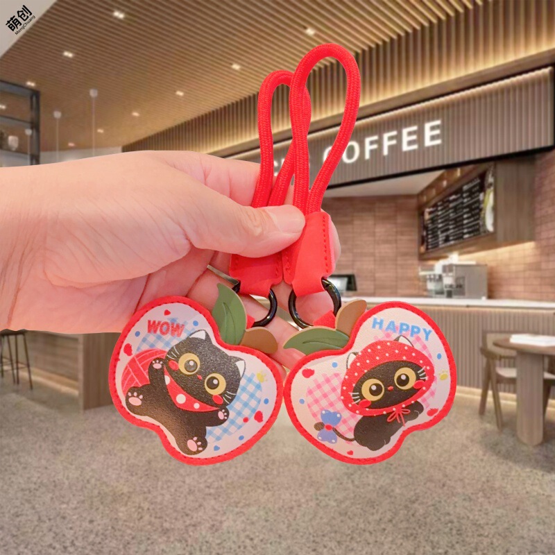 New Personalized Leather Apple Black Cat Keychain Pendant Small Animal Couple Student Bag Luggage Pendant